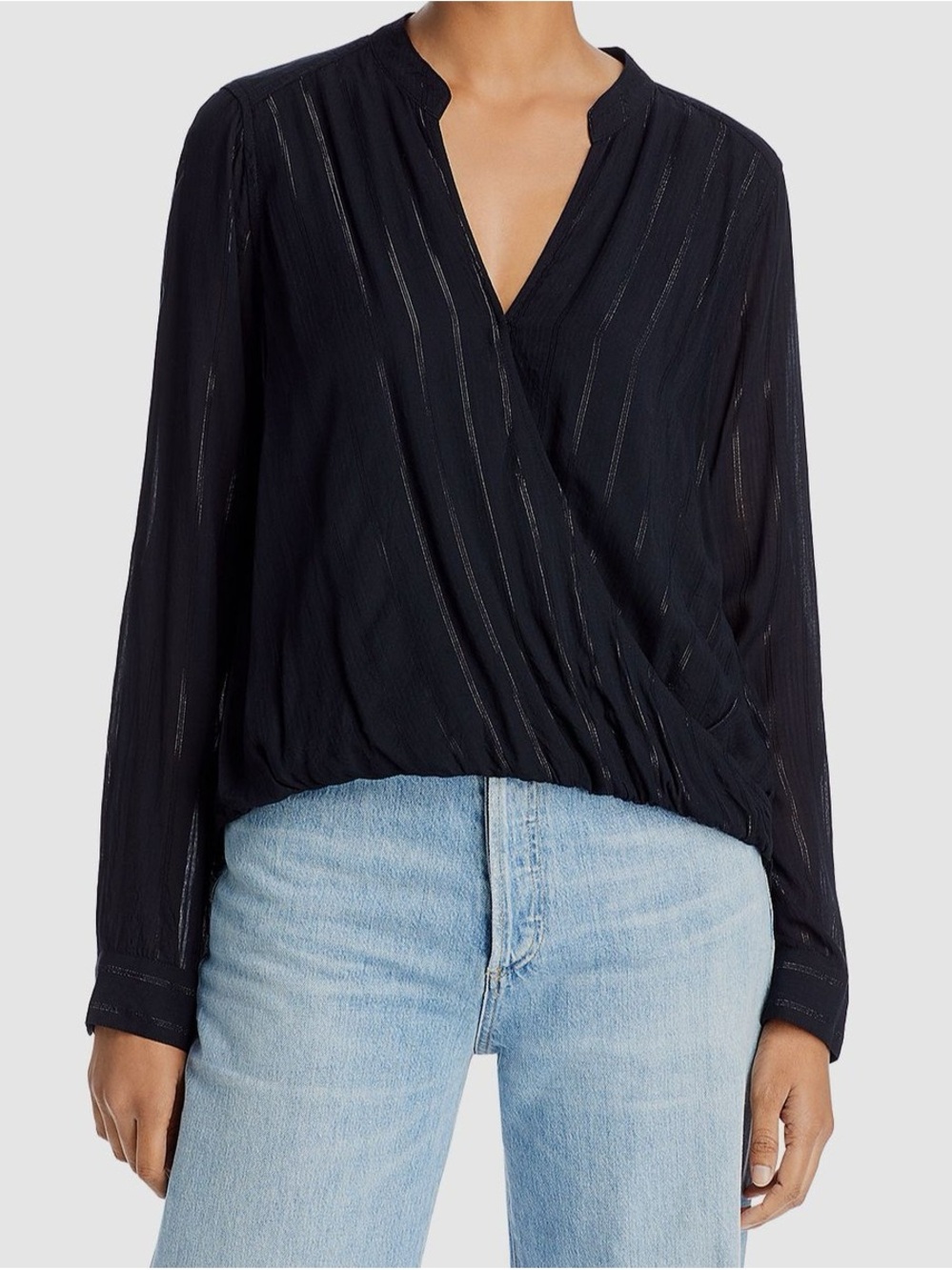 #1 NWT Splendid Women’s V Neck Black Wrap Blouse with Subtle Stripe Sheen Size M